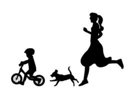 Silhouette von ein Mutter und ein Hund jagen ein Kind Reiten ein Balance Fahrrad vektor