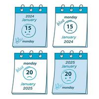 Kalender Blätter mit Blau Montag Datum im Januar 2024 und 2025 15 .. und 20 .. mit Hand gezeichnet Smiley vektor