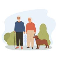 äldre människor gående med hund. gammal par med sällskapsdjur. modern farföräldrar utanför i de parkera. platt vektor illustration. begrepp av utomhus- aktivitet för åldrig pensionerad pensionär.
