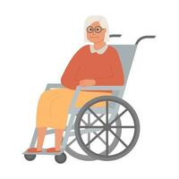 modern äldre Inaktiverad kvinna i rullstol. gammal lady mormor karaktär på vit bakgrund. amning Hem. senior kvinna assisterad levande på sjukhus. vektor illustration.