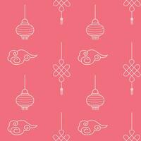 asiatisk sömlös mönster. ljus cawai rosa bakgrund med element. Kina traditionell prydnad med kinesisk papper lyktor och känna till av lycka. omslag flickaktiga textil- för ny lunar år Semester. vektor