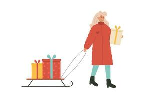 ung kvinna gående och bärande en kälke med många presenterar och bärande en gåva. förberedelse för vinter- högtider. jul rättvis. traditionell handla. karaktär isolerat på vit. vektor illustration
