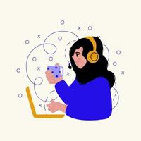 illustration av en kvinnlig kundsupporttjänst. en person med en bärbar dator, hörlurar med en mikrofon. begrepp om support, kundtjänst via ett callcenter. vektor illustration