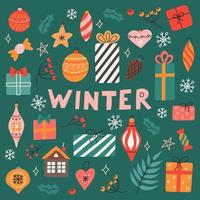 Wintervektorsatz Weihnachtsbaumspielzeug, Pflanzen und Beeren auf grünem Hintergrund im flachen Stil vektor