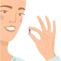 Vector bunte Illustration der jungen Frau trinkt eine Pille, die auf weißem Hintergrund lokalisiert wird. Sie hält eine Pille in der Hand, bevor sie sie einnimmt. Medikamente und Vitaminkonzept.