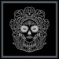 Calavera Mädchen Kopf Mandala Kunst isoliert auf schwarz Hintergrund. vektor