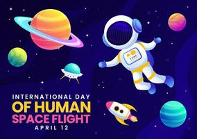 internationell dag av mänsklig Plats flyg vektor illustration på 12 april med astronaut stående på de måne, sändare satelliter och planeter