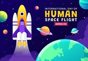internationell dag av mänsklig Plats flyg vektor illustration på 12 april med astronaut stående på de måne, sändare satelliter och planeter