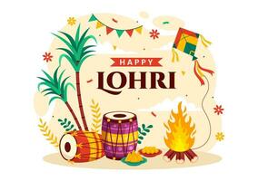 Lycklig lohri festival av punjab Indien vektor illustration av spelar dansa och firande bål med trummor och drakar i platt tecknad serie bakgrund