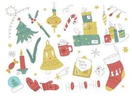 Weihnachts-Doodle-Sammlung. handgezeichnetes Weihnachtsset mit Elementen. Kerze, Licht und Geschenke. Umriss-Grafik. Brief für den Weihnachtsmann. vektor