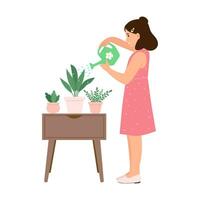 Lycklig unge vattning blommor i de pott med vattning kan hushåll sysslor och rutin. platt vektor illustration
