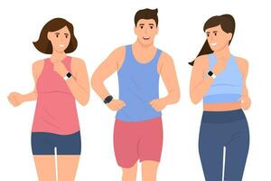 vänner i sportkläder joggning tillsammans. aktiva och friska livsstil. vektor illustration isolerat på vit bakgrund.