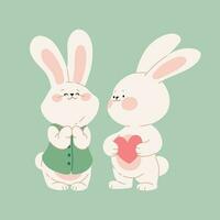 söt par av kaniner med en hjärta. tecknad serie kaniner i kärlek tecken. söt harar för design hjärtans dag, födelsedag, och påsk kort, klistermärke, baner, eller paket design. vektor illustration