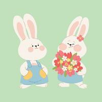 söt par av kaniner. tecknad serie tecken av de pojke kanin och flicka kanin i kärlek. söt harar för hjärtans dag, födelsedag, eller påsk kort, klistermärke, baner, eller paket design. vektor illustration.