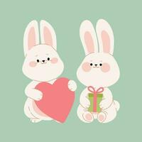 söt par av kaniner med en gåva låda och hjärta. tecknad serie tecken av de kanin pojke och kanin flicka. söt harar för design hjärtans dag, födelsedag, och påsk kort, klistermärken, banderoller, eller packa vektor