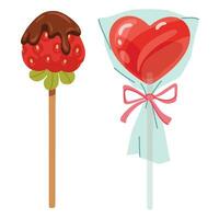 Herz geformt Lutscher Süßigkeiten und Schokolade bedeckt Erdbeere. rot Süßigkeiten und Obst auf das Stock. Liebe Süss Symbole zum Valentinstag Tag, Neu Jahr, Weihnachten Gruß Karte, Einladung, und Netz Design. vektor