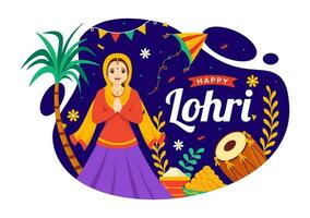 Lycklig lohri festival av punjab Indien vektor illustration av spelar dansa och firande bål med trummor och drakar i platt tecknad serie bakgrund