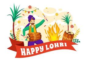 glücklich lohri Festival von Punjab Indien Vektor Illustration von spielen tanzen und Feier Lagerfeuer mit Schlagzeug und Drachen im eben Karikatur Hintergrund