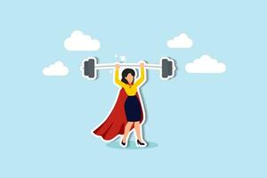 Frau Stärke mächtige Superheldin, Dame Führung oder Erfolg weibliche Führungskraft, Stolz, Ehrgeiz, Anstrengung oder Business-Champion-Konzept, Vertrauen mächtige Geschäftsfrau Superheldin, die schweres Gewicht hebt. vektor