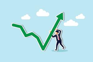 ledarskap till leda företag tillväxt i marknadsföra nedgångar, entreprenör eller investerare skicklighet till klara av till tjäna Mer vinst begrepp, affärsman investerare skjuta på pil Graf och Diagram till vara tillbaka stigande upp. vektor