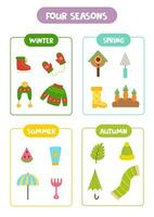 inlärning fyra säsonger för ungar. kalkylblad med vinter, sommar, vår, höst. vektor