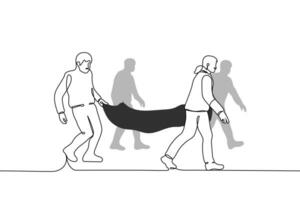 fyra bära en död- kropp i en svart kropp väska - ett linje teckning vektor. de begrepp av transport av död- människor, återbegravning, kyrkogård, namnlös lik, oidentifierad död- person vektor
