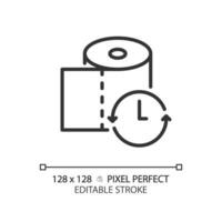 2d Pixel perfekt editierbar schwarz Toilette Papier mit Uhr Symbol, isoliert monochromatisch Vektor, dünn Linie Illustration Darstellen Stoffwechsel- Gesundheit. vektor