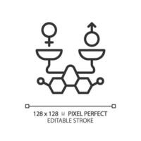 2d Pixel perfekt editierbar schwarz Moleküle mit männlich und weiblich Balance Symbol, isoliert monochromatisch Vektor, dünn Linie Illustration Darstellen Stoffwechsel- Gesundheit. vektor