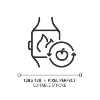 2d Pixel perfekt editierbar schwarz Smartwatch mit Obst Symbol, isoliert monochromatisch Vektor, dünn Linie Illustration Darstellen Stoffwechsel- Gesundheit. vektor