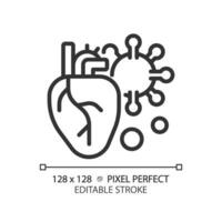 2d Pixel perfekt editierbar schwarz Herz mit Virus Symbol, isoliert Vektor, einfach dünn Linie Illustration Darstellen Bakterien. vektor