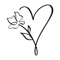 Hand gezeichnet Liebe Herz mit Blume Vektor Logo Linie Illustration. schwarz Umriss. Element Monoline zum Valentinstag Tag Banner, Poster, Gruß Karte