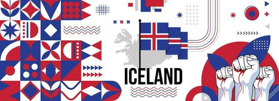 island nationell eller oberoende dag baner för Land firande. flagga och Karta av islänningar med Uppfostrad nävar. modern retro design med typorgaphy abstrakt geometrisk ikoner. vektor illustration