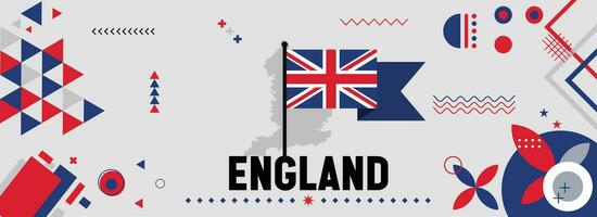 England National oder Unabhängigkeit Tag Banner zum Land Feier. Flagge und Karte von Großbritannien mit angehoben Fäuste. modern retro Design mit Typorgaphie abstrakt geometrisch Symbole. Vektor Illustration.