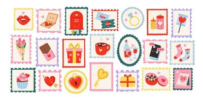 Porto Briefmarken zum Valentinstag Tag. Valentinstag Tag einstellen von süß Elemente. Februar 14, Liebe Konzept. Vektor Abbildungen