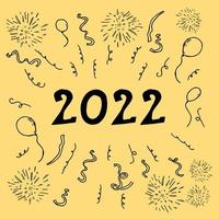 gott nytt år 2022. doodle vektor illustratoin med fyrverkerier, konfetti och uppblåsbara bollar. vintage, söta element bakgrund för ditt projekt