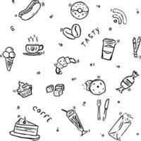 Café-Vektor-Icons. Doodle-Vektor mit Café-Symbolen auf weißem Hintergrund. Vintage Coffee Shop Icons, süße Elemente Hintergrund für Ihr Projekt, Menü, Café Shop.