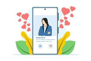 online Dating Bedienung Anwendung Konzept. Smartphone mit das Profil von ein jung Frau. modern Jugend ist suchen zum ein Partner. Sozial Medien Konzept, virtuell Beziehung Kommunikation. eben Vektor. vektor