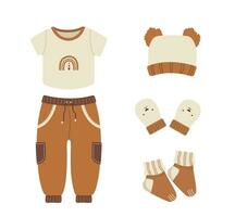 Baby Boho Kleidung. süß Junge Kleiderschrank. Kinder skandinavisch Outfit. Vektor Illustration im eben Karikatur Stil. Jahrgang tragen zum Kinder