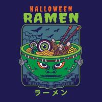 Illustrationsdesign von köstlichen japanischen Ramen-Nudeln auf Schüssel mit flachem Halloween-Frankenstein-Vintage-Stil. gut für Logo, Hintergrund, T-Shirt, Banner vektor