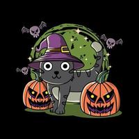 Illustrationsdesign des süßen Katzen-, Kürbis- und Fledermaus-Halloween-Festivals mit handgezeichnetem flachem Stil in schwarzem Hintergrund. gut für Logo, Hintergrund, T-Shirt, Banner vektor