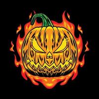 Illustrationsdesign des Halloween-Kürbischarakters mit Neonfeuerflamme im schwarzen Hintergrund. gut für Logo, Hintergrund, T-Shirt, Banner vektor