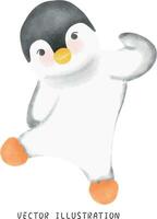 förtjusande pingvin glädje söt ritad för hand vattenfärg illustration för vinter- roligt vektor