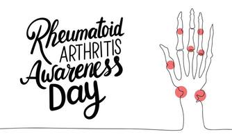 rheumatoide Arthritis Bewusstsein Tag Text Banner. Handschrift Text rheumatoide Arthritis Bewusstsein Tag mit Linie Kunst Skelett Hand. Hand gezeichnet Vektor Kunst