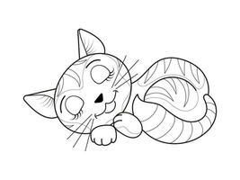 komisch Schlafen süß Katze. schwarz und Weiß linear Bild. das Illustration ist erledigt durch Hand im ein Karikatur Stil. Konzept zum Gruß Karten, Färbung Seiten. vektor