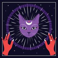 Violettes Katzengesicht mit Mond auf nächtlichem Himmel mit dekorativem rundem Rahmen. Rote hände Magie, okkulte Symbole.