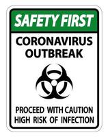 Safety First Coronavirus-Ausbruchszeichen auf weißem Hintergrund isolieren, Vektorgrafiken vektor