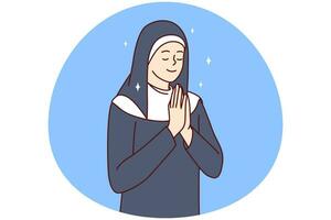 positiv Frau im Kleider von katholisch Nonne Schließen Augen beten drehen zu Gott. Vektor Bild