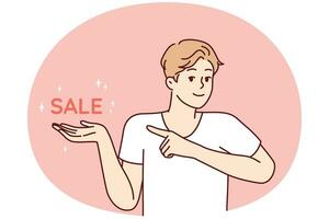 positiv Mann zeigen Finger beim Inschrift Verkauf, einladend zum profitabel Einkaufen. Vektor Bild