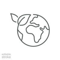 Grün Erde Planet Symbol. einfach Gliederung Stil. Welt Ökologie, Globus mit Blätter, Öko Umgebung Logo, speichern Natur Konzept. dünn Linie Symbol. Vektor Illustration isoliert. editierbar Schlaganfall.