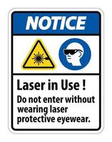 varning varning ppe säkerhetsetikett, laser i bruk går inte in utan att bära laserskyddsglasögon vektor